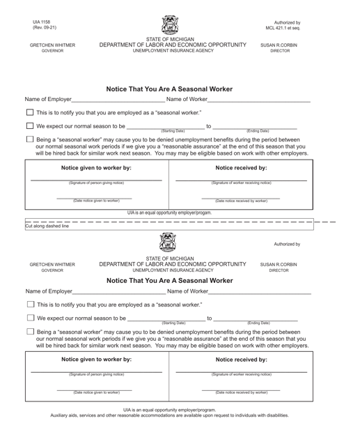 Form UIA1158 Notice That You Are a Seasonal Worker - Michigan