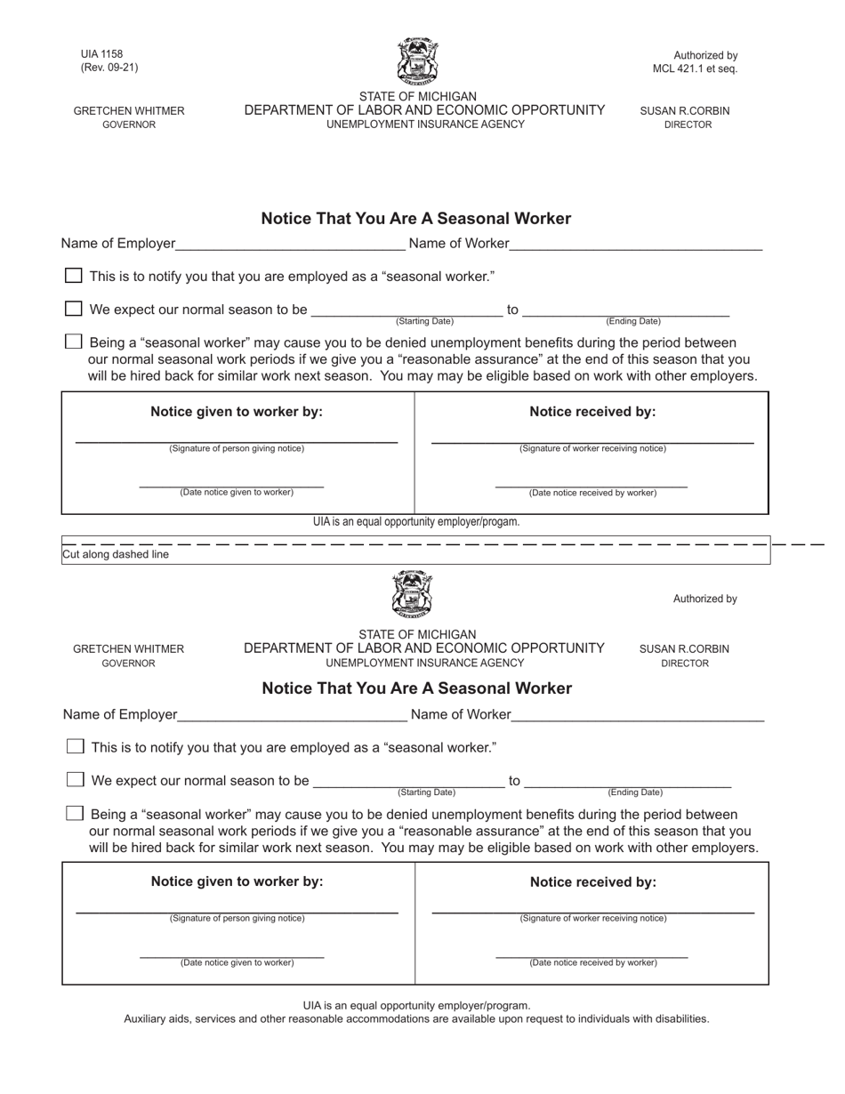 Form UIA1158 Notice That You Are a Seasonal Worker - Michigan, Page 1