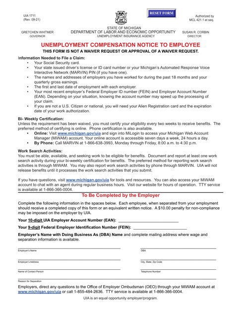 Form UIA1711 Unemployment Compensation Notice to Employee - Michigan