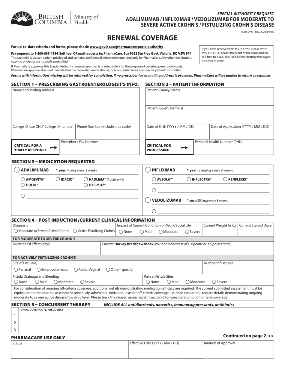 Form HLTH5495 Special Authority Request - Adalimumab / Infliximab / Vedolizumab for Moderate to Severe Active Crohns / Fistulizing Crohns Disease - Renewal Coverage - British Columbia, Canada, Page 1