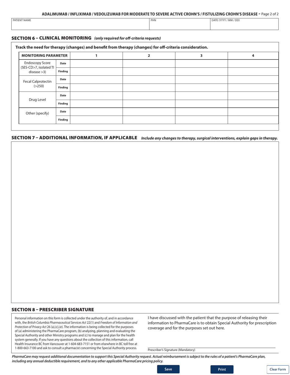 Form HLTH5495 Special Authority Request - Adalimumab / Infliximab / Vedolizumab for Moderate to Severe Active Crohns / Fistulizing Crohns Disease - Renewal Coverage - British Columbia, Canada, Page 2