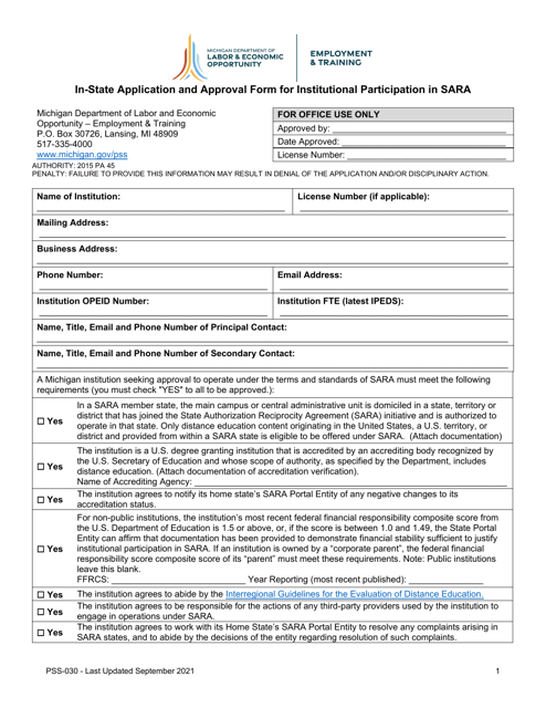 Form PSS-030 In-state Application and Approval Form for Institutional Participation in Sara - Michigan