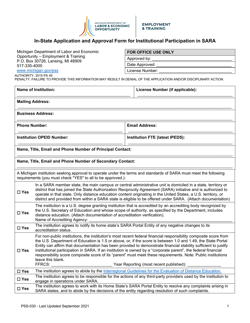 Form PSS-030 In-state Application and Approval Form for Institutional Participation in Sara - Michigan, Page 1