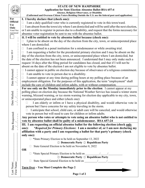 Application for State Election Absentee Ballot - New Hampshire Download Pdf