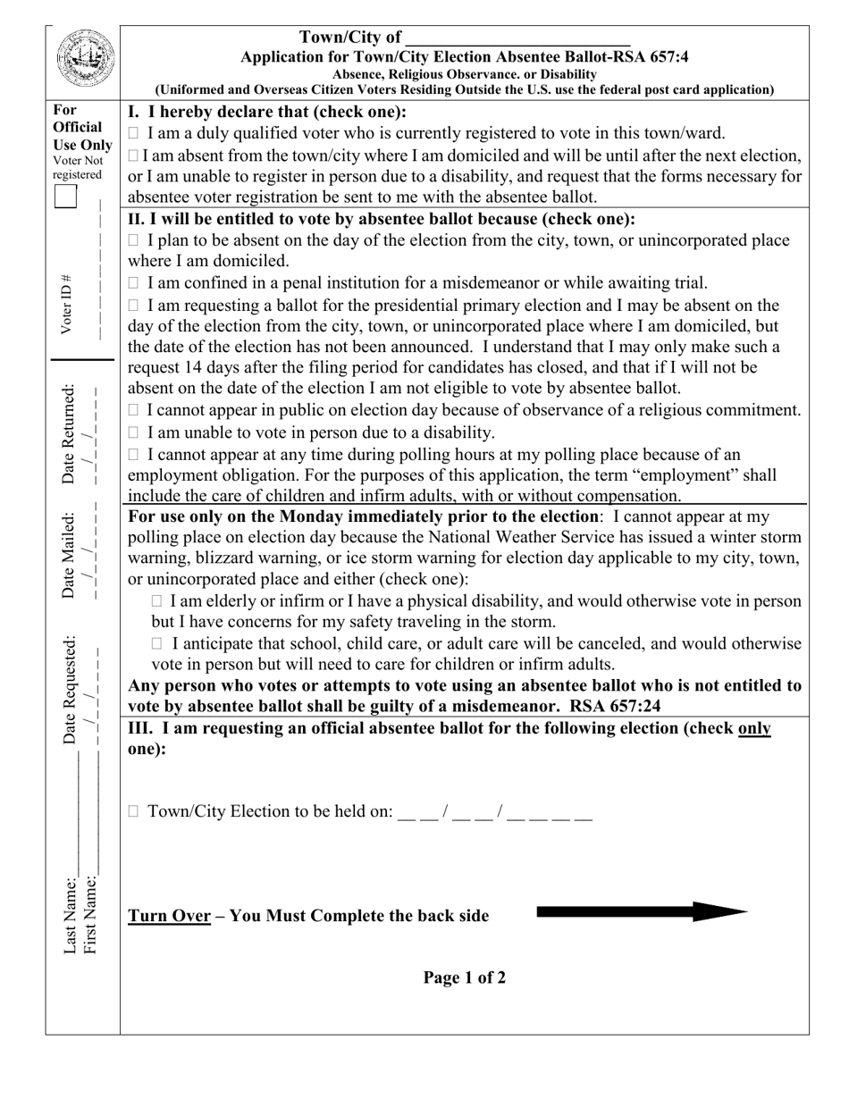 Application for Town / City Election Absentee Ballot - New Hampshire, Page 1