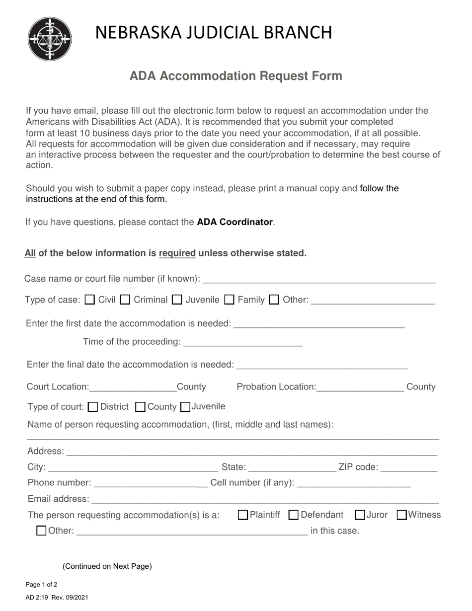 Form AD2:19 Ada Accommodation Request Form - Nebraska, Page 1