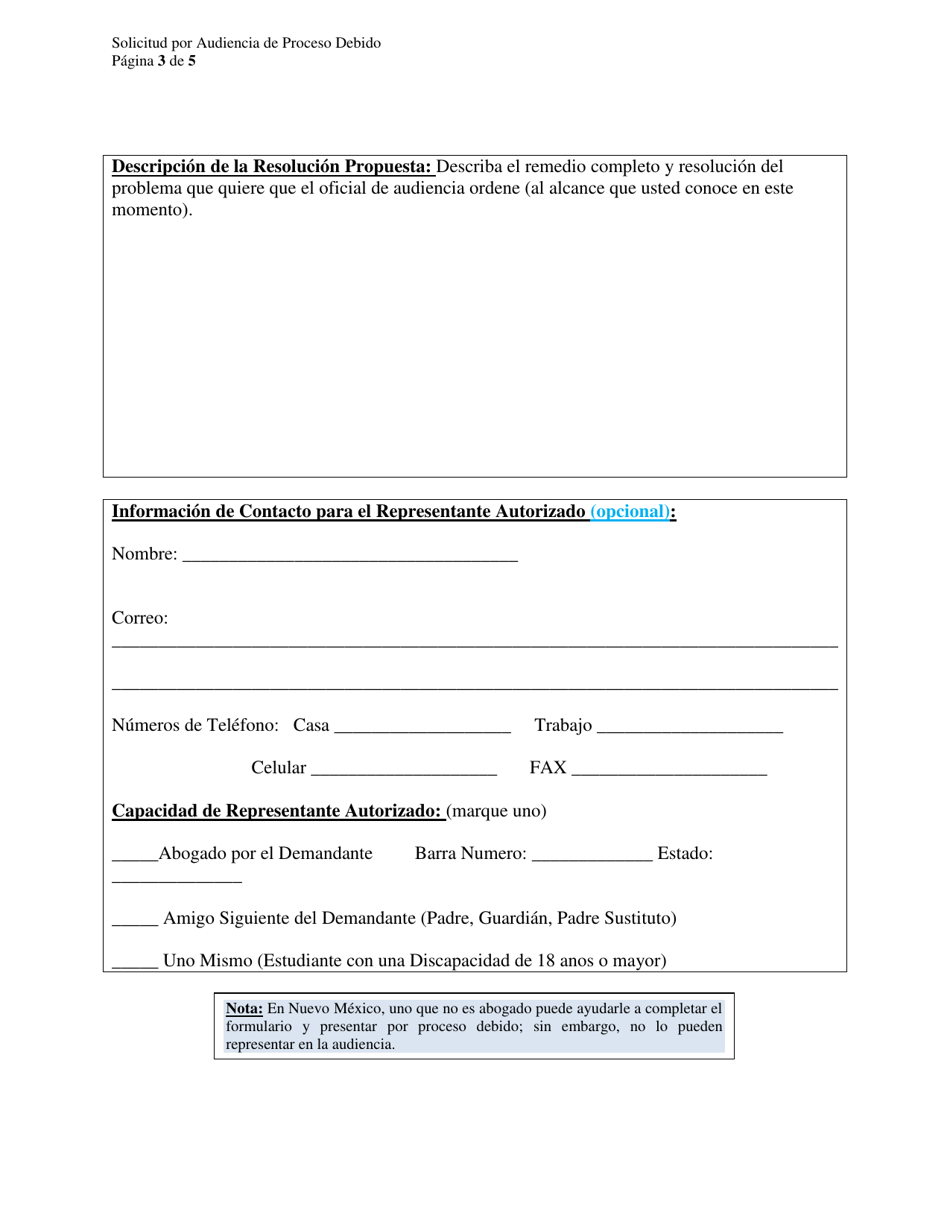 Solicitud Para Audiencia De Proceso Debido De Educacion Especial Y Formulario Modelo De Aviso Requerido - New Mexico (Spanish), Page 3