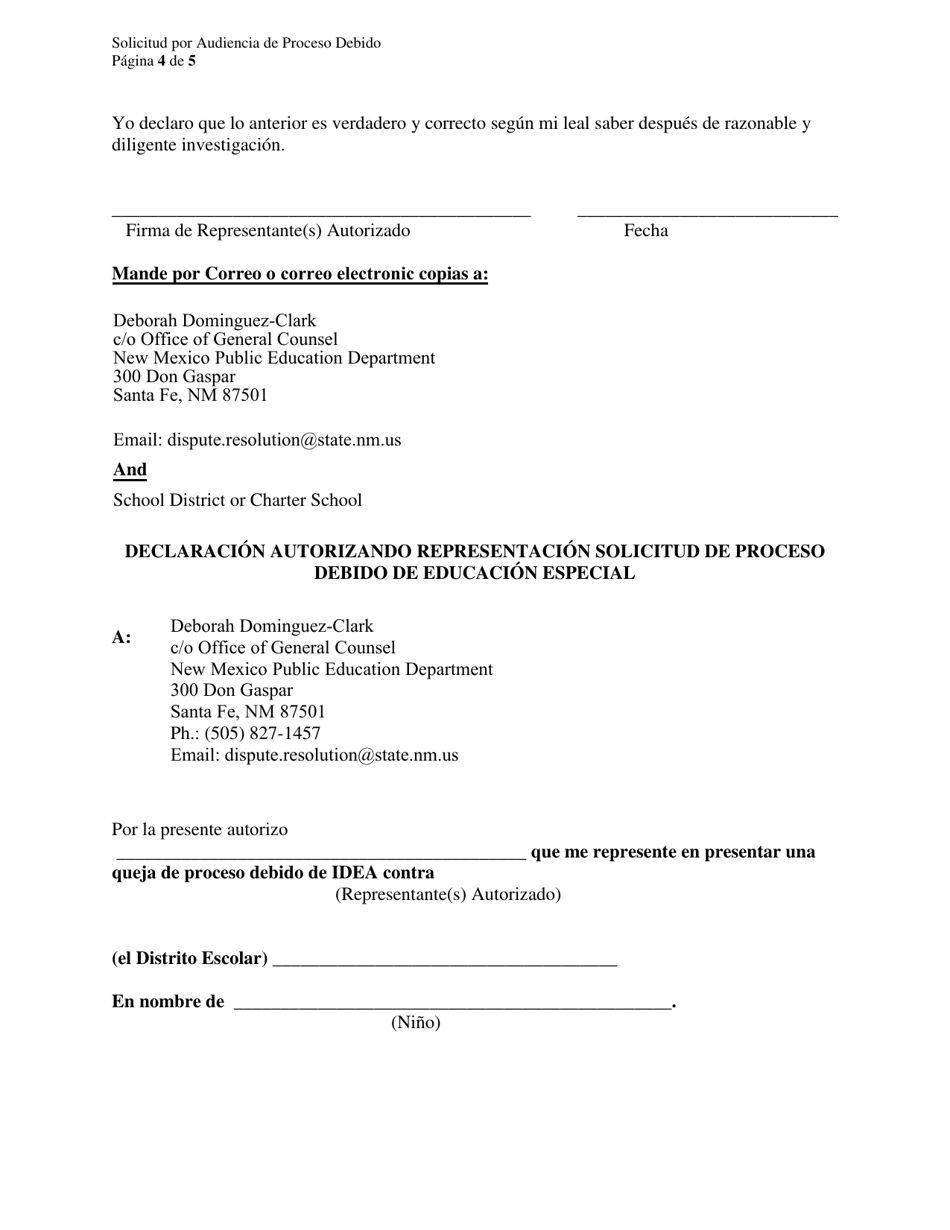 Solicitud Para Audiencia De Proceso Debido De Educacion Especial Y Formulario Modelo De Aviso Requerido - New Mexico (Spanish), Page 4