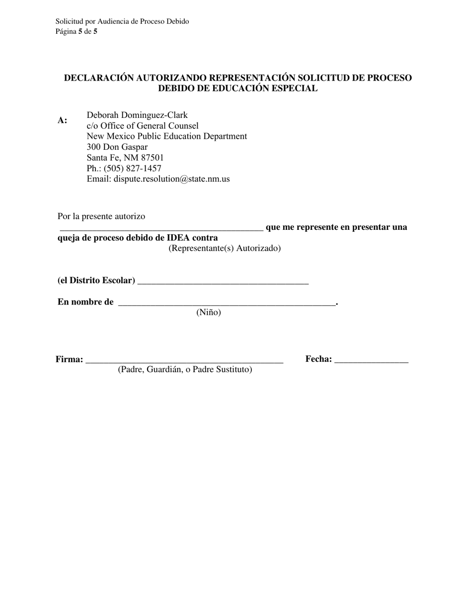 Solicitud Para Audiencia De Proceso Debido De Educacion Especial Y Formulario Modelo De Aviso Requerido - New Mexico (Spanish), Page 5