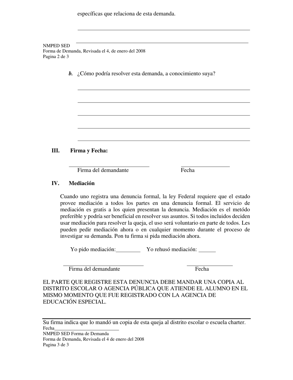Forma De Demanda De Educacion Especial - New Mexico (Spanish), Page 3
