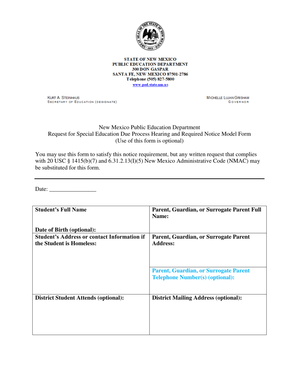 Request for Special Education Due Process Hearing and Required Notice Model Form - New Mexico, Page 1