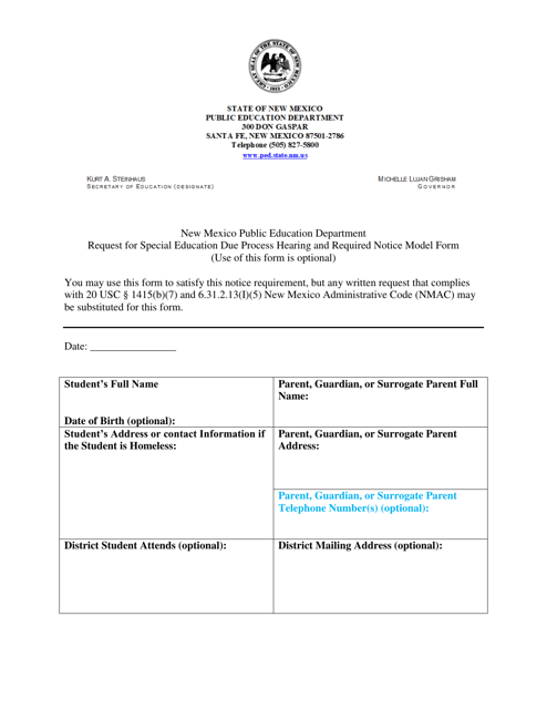 Request for Special Education Due Process Hearing and Required Notice Model Form - New Mexico Download Pdf