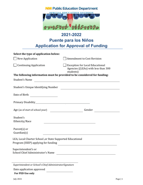 Application for Approval of Funding - New Mexico (English/Spanish), 2022