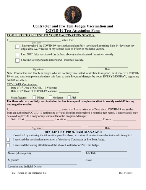 Contractor and Pro TEM Judges Vaccination and Covid-19 Test Attestation Form - New Mexico