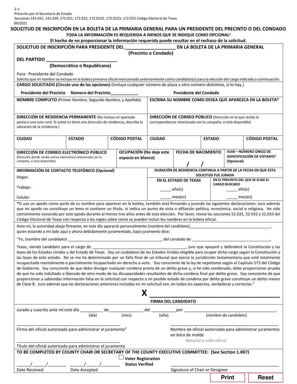Form 2-1 Application for a Place on the General Primary Ballot for a Precinct or County Chair - Texas (English / Spanish), Page 3