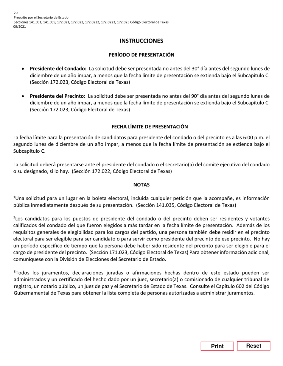 Form 2-1 Application for a Place on the General Primary Ballot for a Precinct or County Chair - Texas (English / Spanish), Page 4