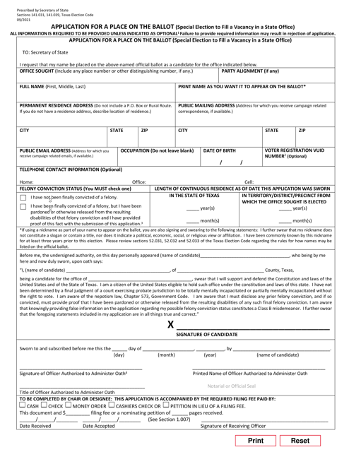 Application for a Place on the Ballot (Special Election to Fill a Vacancy in a State Office) - Texas Download Pdf