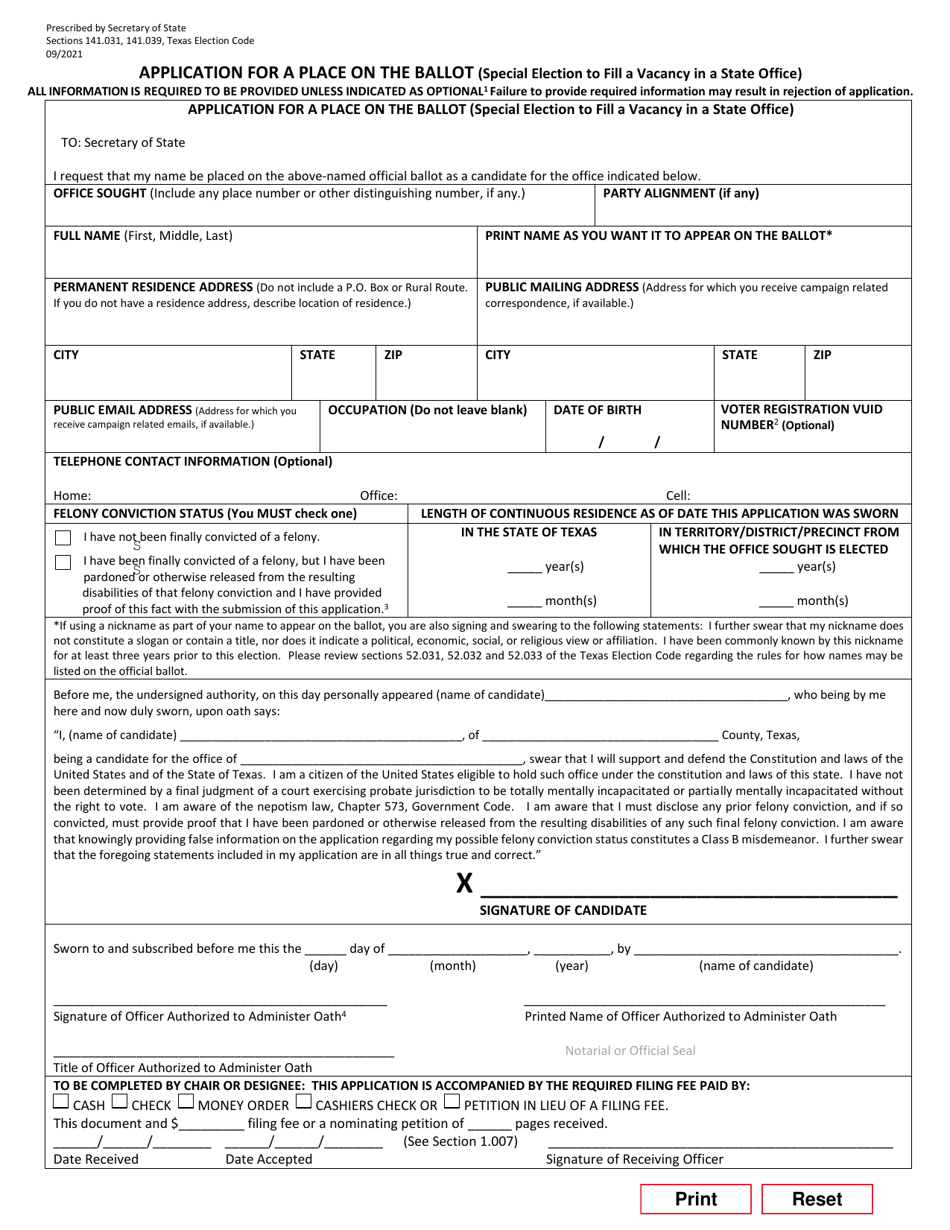 Application for a Place on the Ballot (Special Election to Fill a Vacancy in a State Office) - Texas, Page 1