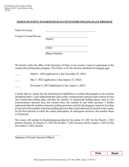 Notice of Intent to Participate in Countywide Polling Place Program - Texas Download Pdf