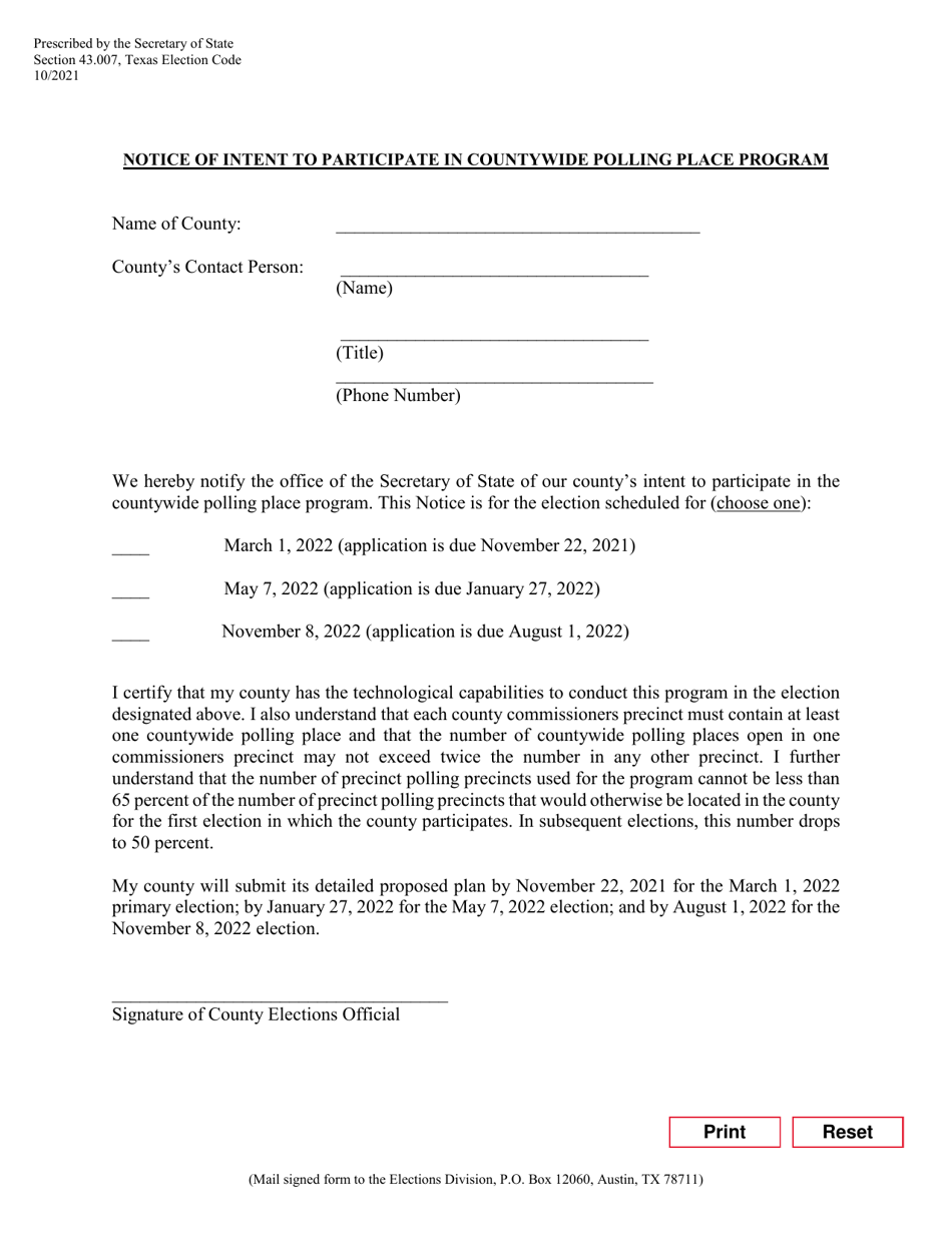 Notice of Intent to Participate in Countywide Polling Place Program - Texas, Page 1