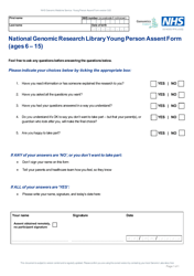 Document preview: Form 03-NGIS-YPA National Genomic Research Library Young Person Assent Form (Ages 6 - 15) - United Kingdom