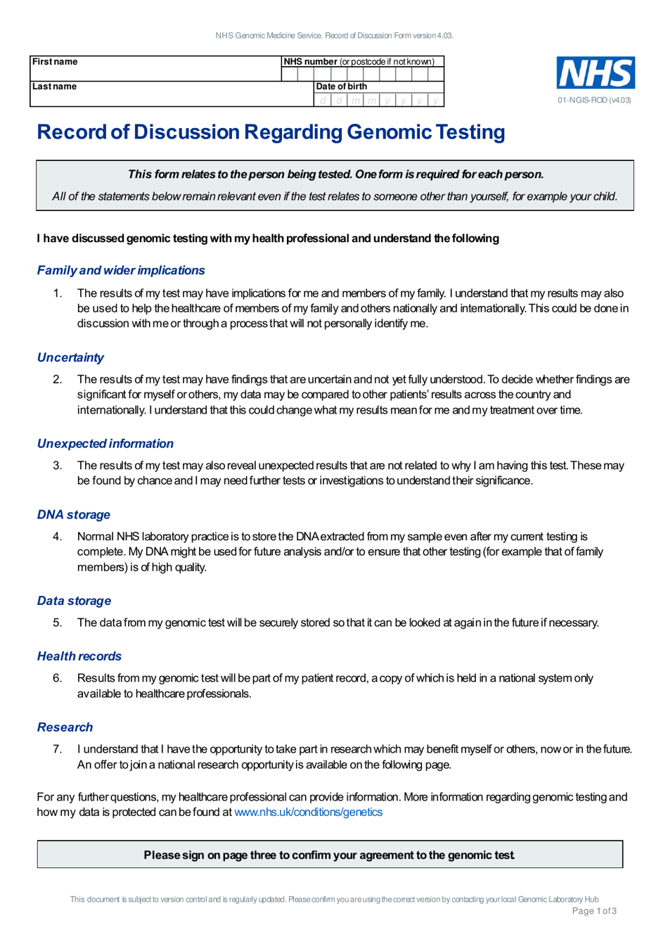 Form 01-NGIS-RO Record of Discussion Regarding Genomic Testing - United Kingdom, Page 1