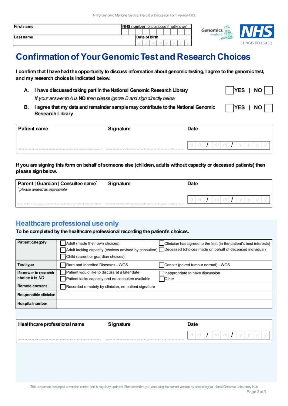 Form 01-NGIS-RO Record of Discussion Regarding Genomic Testing - United Kingdom, Page 3