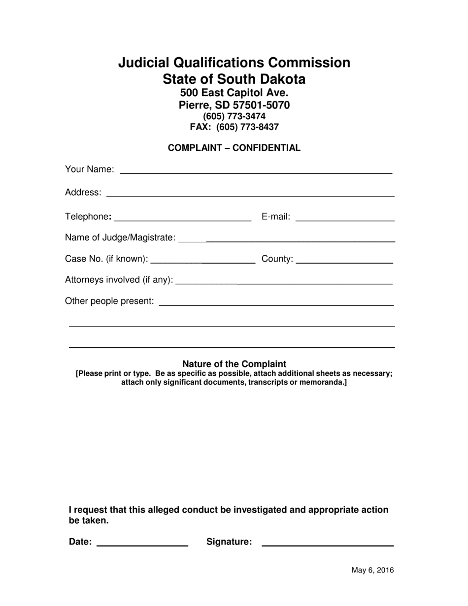 South Dakota Judicial Qualifications Commission Complaint Fill Out