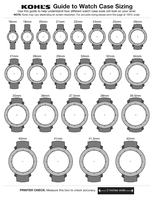 Kohl's Watch Sizing Guide Sheet