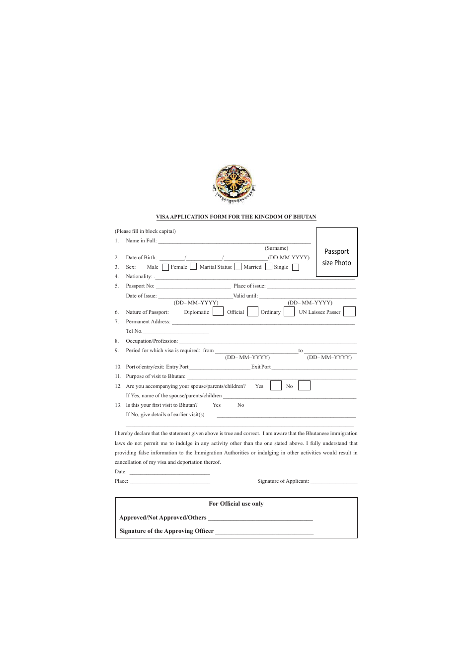Bhutan Visa Application Form, Page 1