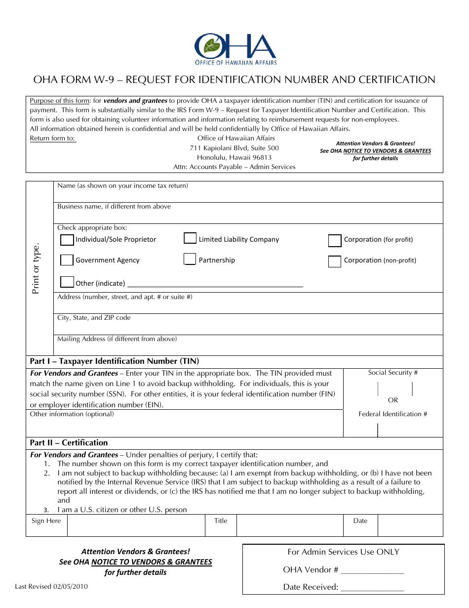 OHA Form W-9 Request for Identification Number and Certification - Hawaii, Page 1