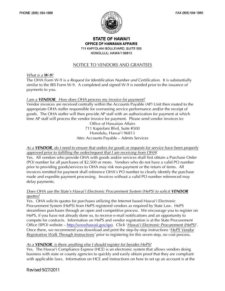 OHA Form W-9 Request for Identification Number and Certification - Hawaii, Page 2