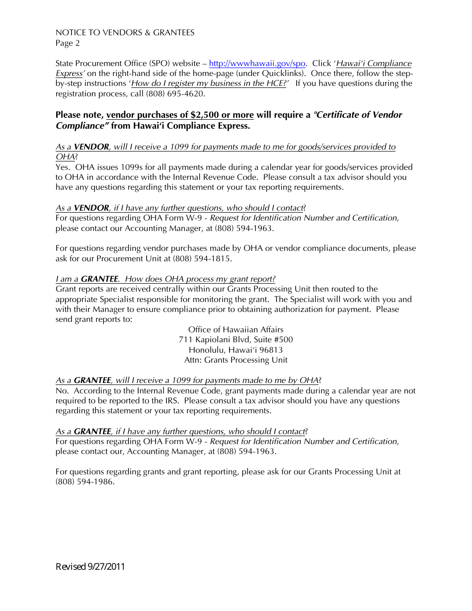 OHA Form W-9 Request for Identification Number and Certification - Hawaii, Page 3