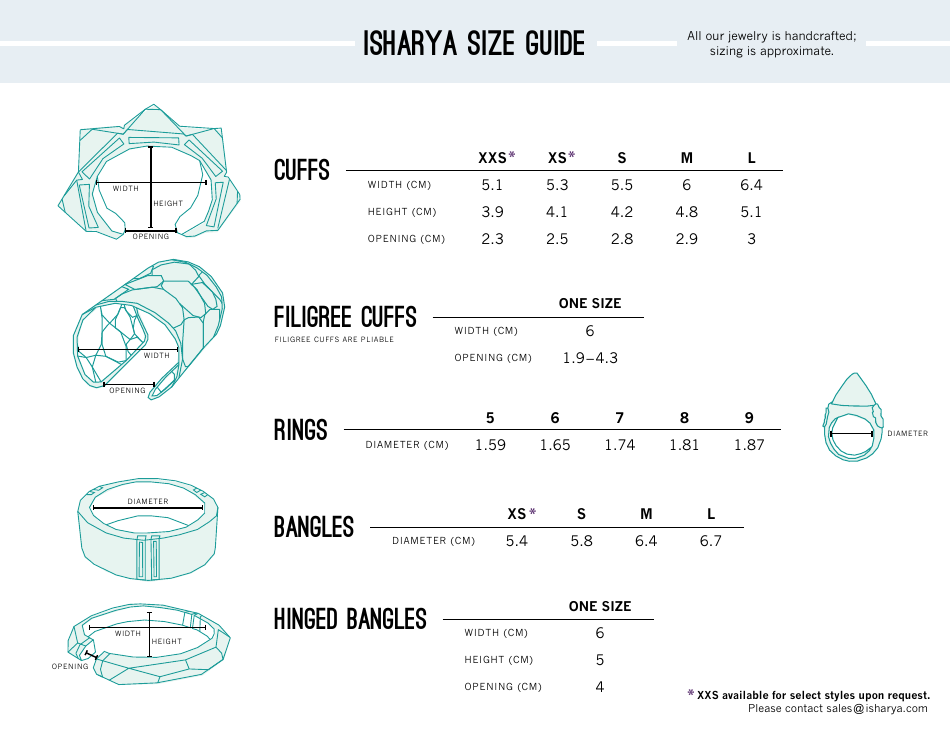 Isharya Jewelry Size Chart Preview