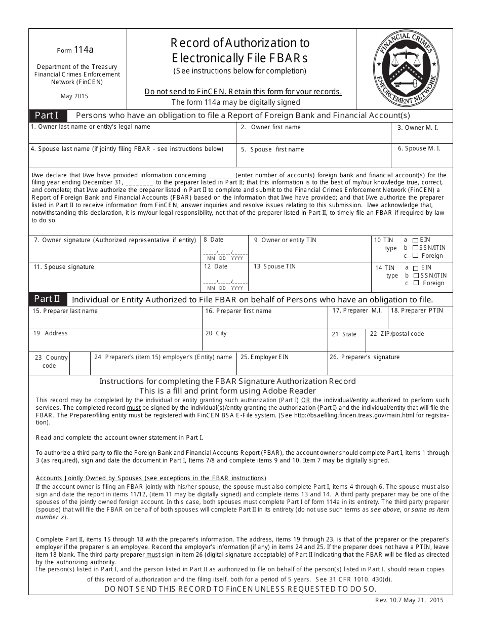 FinCEN Form 114A Record of Authorization to Electronically File Fbars, Page 1