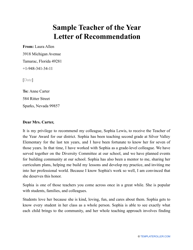 Sample Teacher of the Year Letter of Recommendation