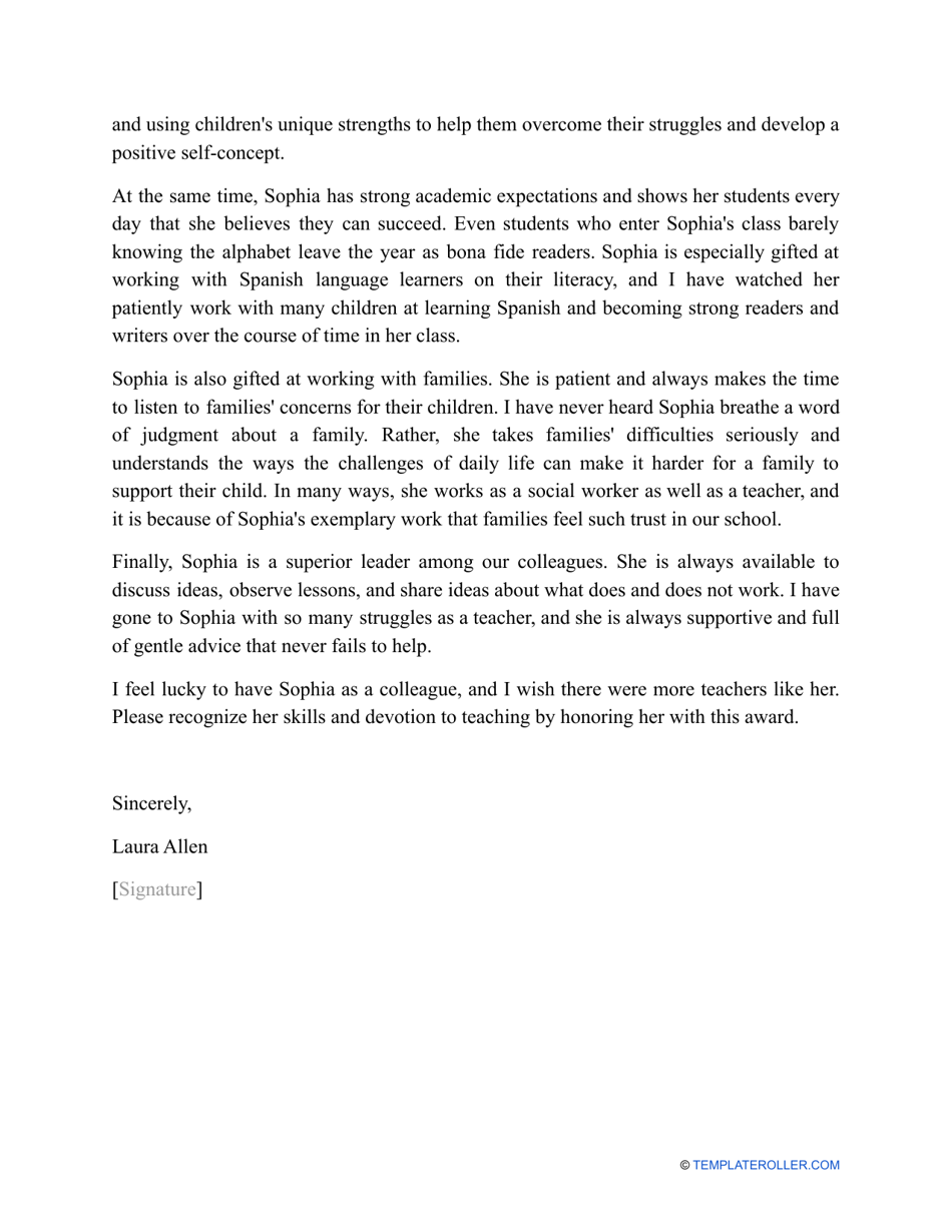 Sample Teacher Of The Year Letter Of Recommendation Download Printable Pdf Templateroller 2775