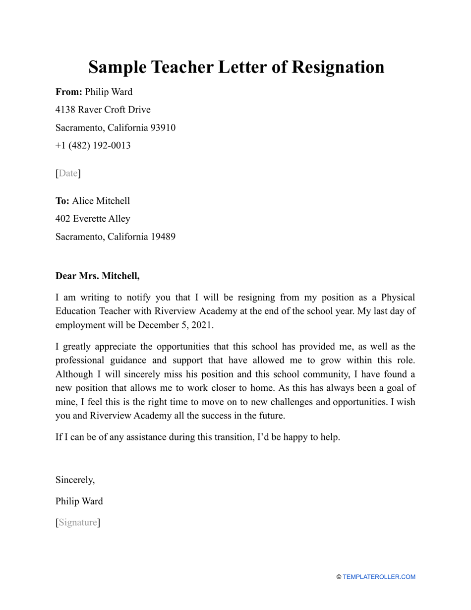 Sample Teacher Letter of Resignation