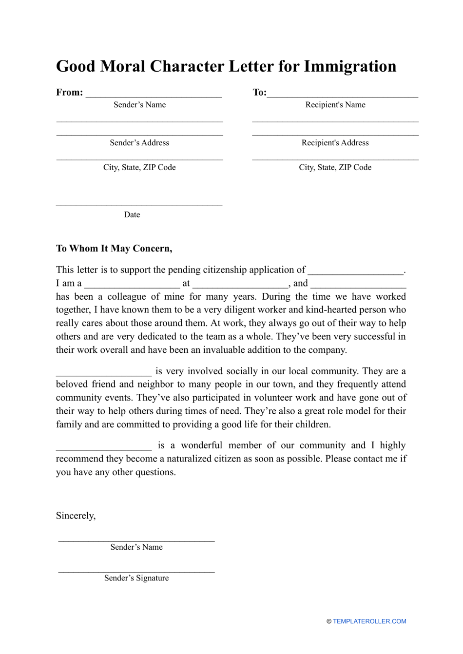 Good Moral Character Letter for Immigration Template Download Printable