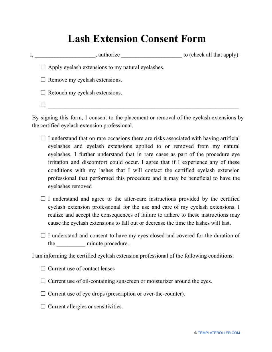 Lash Extension Consent Form, Page 1