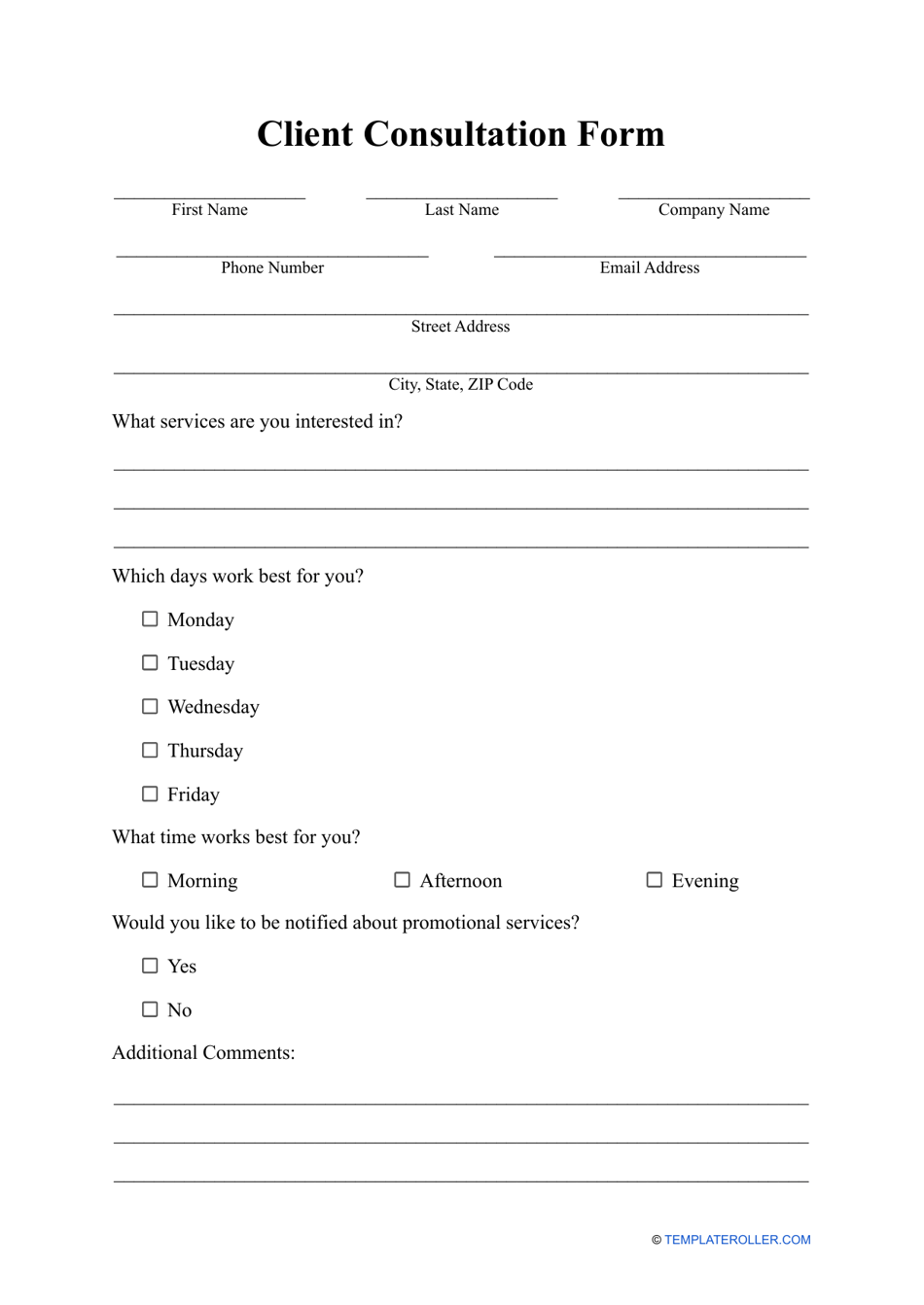 Client Consultation Form, Page 1