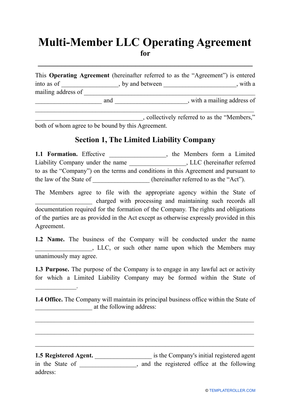 Multi-Member LLC Operating Agreement Template, Page 1