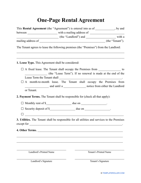 &quot;One-Page Rental Agreement Template&quot; Download Pdf