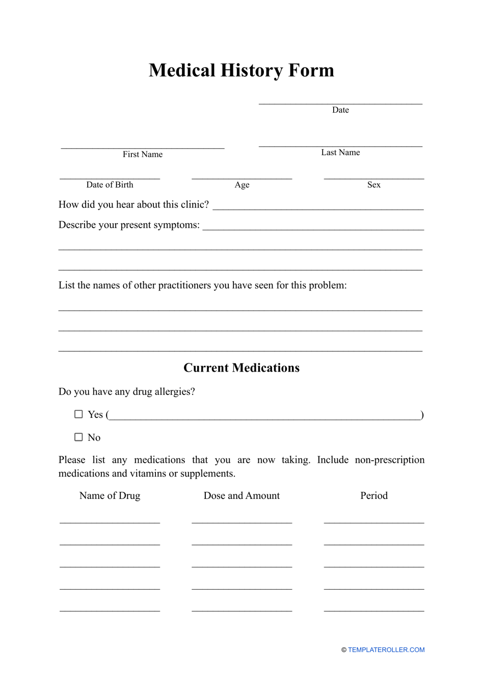 Medical History Form, Page 1