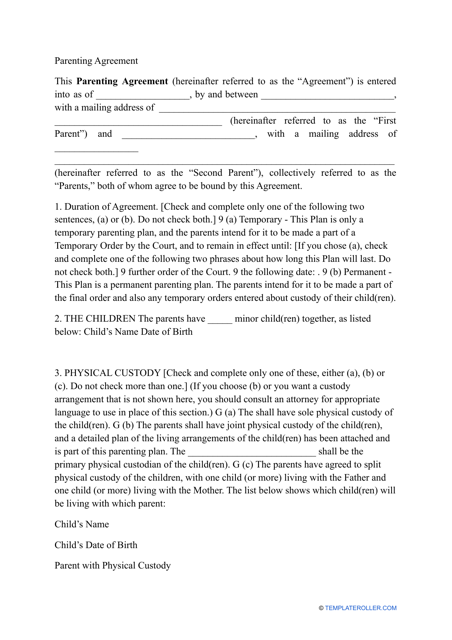 Parenting Agreement Template Download Pdf
