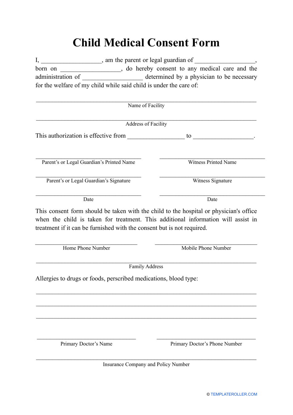 Child Medical Consent Form, Page 1