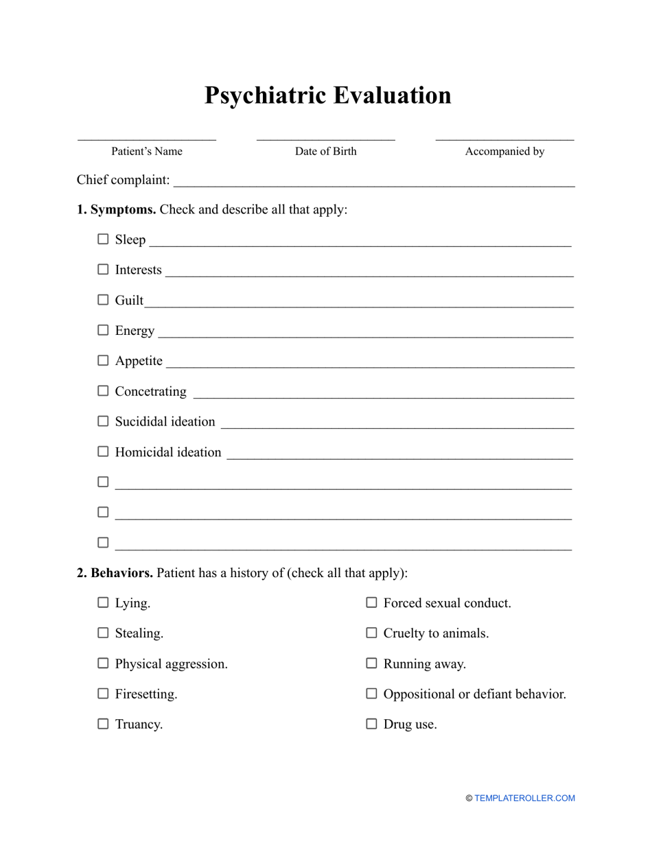 Psychiatric Evaluation Forms Printable Medical Forms Letters Sheets ...