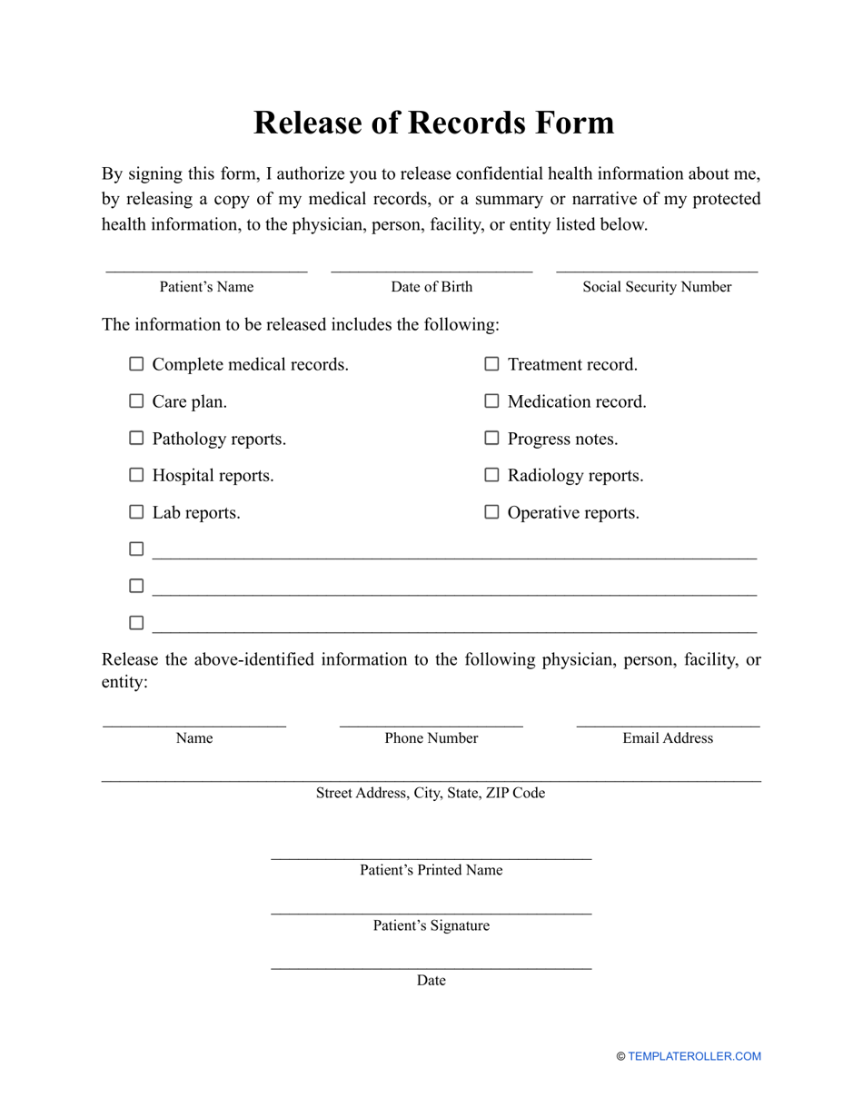 Release of Records Form, Page 1
