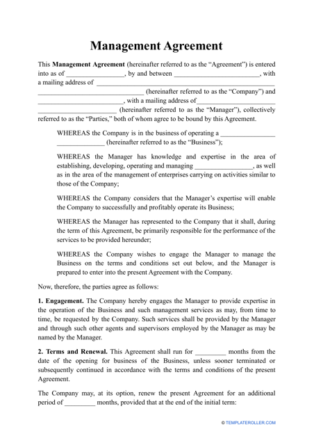 Management Agreement Template Download Pdf