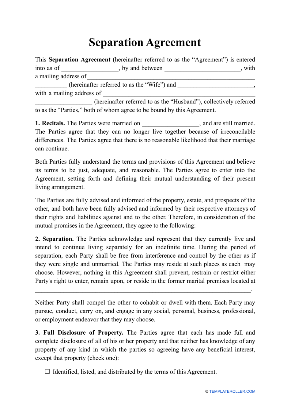 Separation Agreement Template, Page 1
